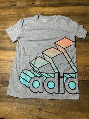 adidas BOY. Heather Gray Tee with Teal & Coral Logo Size Medium ( 10/12)